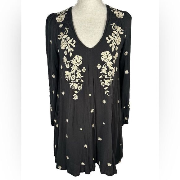 Free People Sweet Tennessee Black Floral Embroidered Boho Tunic Mini Dress - Picture 5 of 13